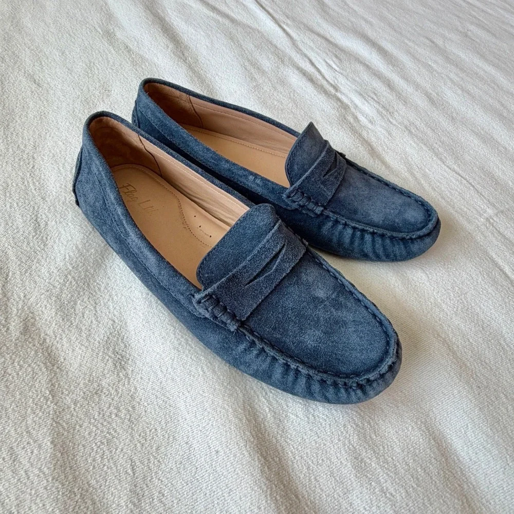Flag Ltd. Navy Blue Suede Penny Loafers Driving Mocs 8.5M Made in Brazil